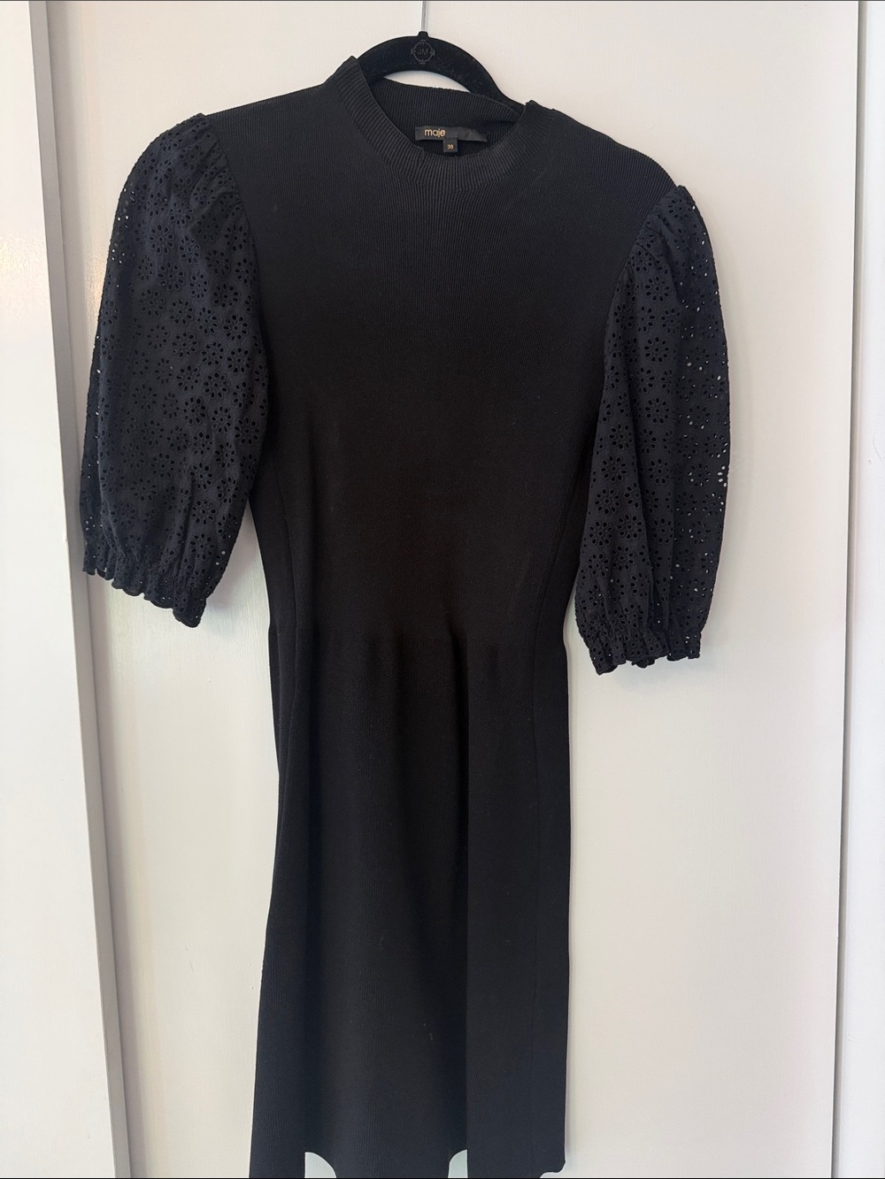 Maje Black Puff-Sleeve Eyelet Knit Dress